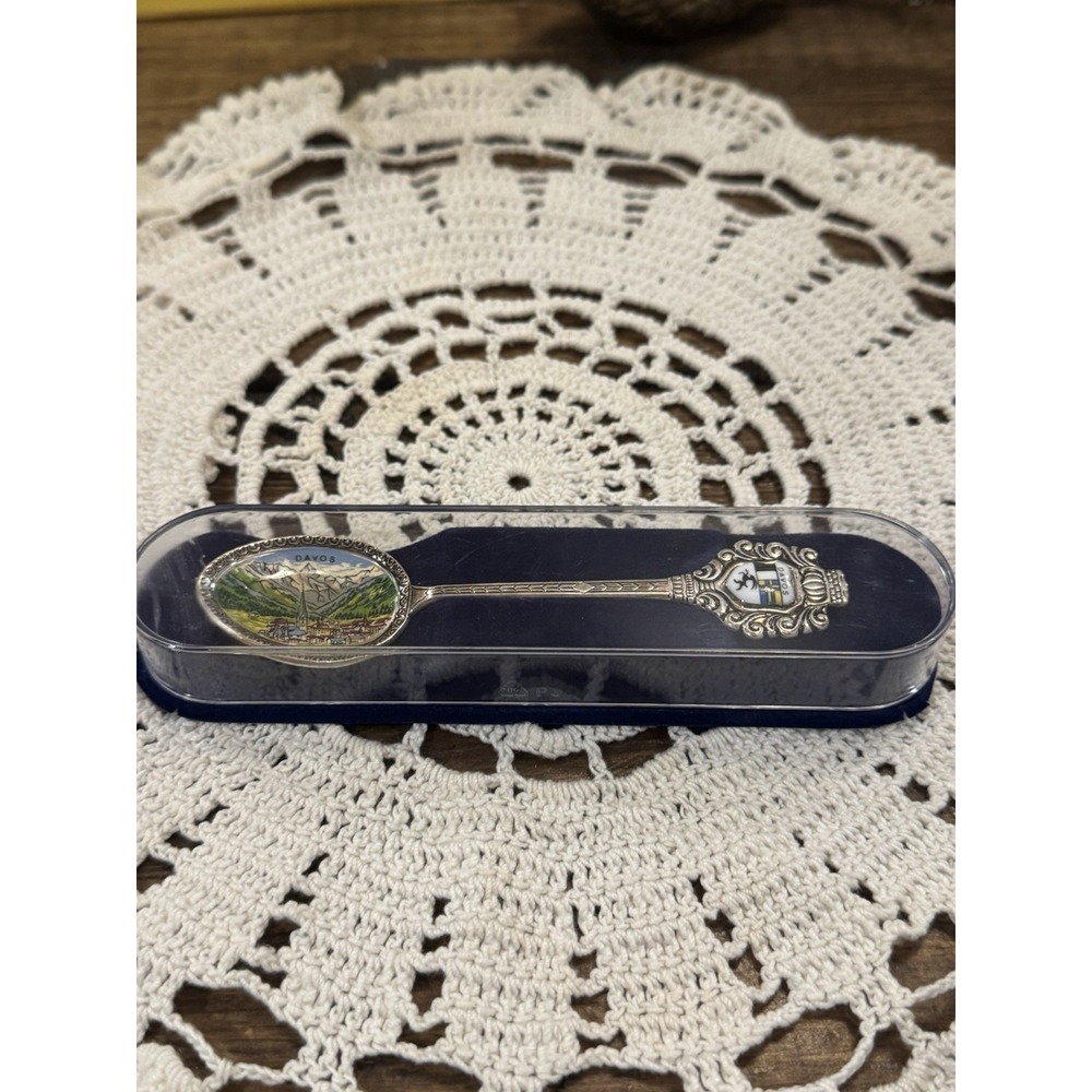 Silverplate Davos Switzerland Souvenir Spoon with Enamel Design